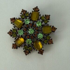 Vintage Fortunoff Rhinestone Brooch With Green & Amber Stones